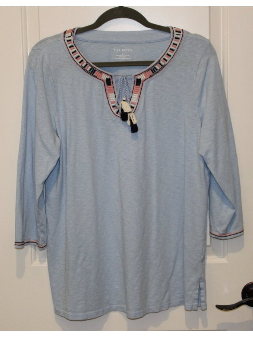 Talbots Size L Light Blue Embroidered Split Neck Top Tassel Tie Tunic BoHo Soft